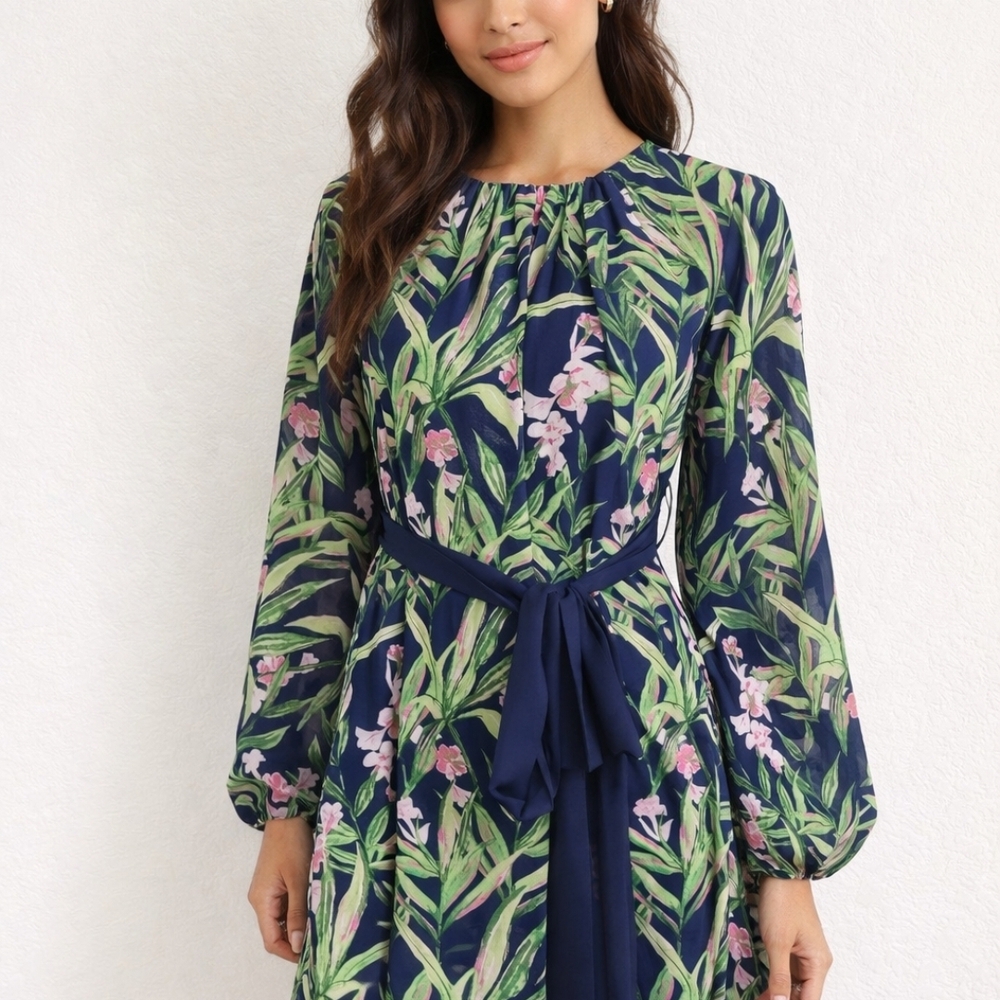 Eva Mendes Collection Navy Tropical Floral Tie Waist Dress Small